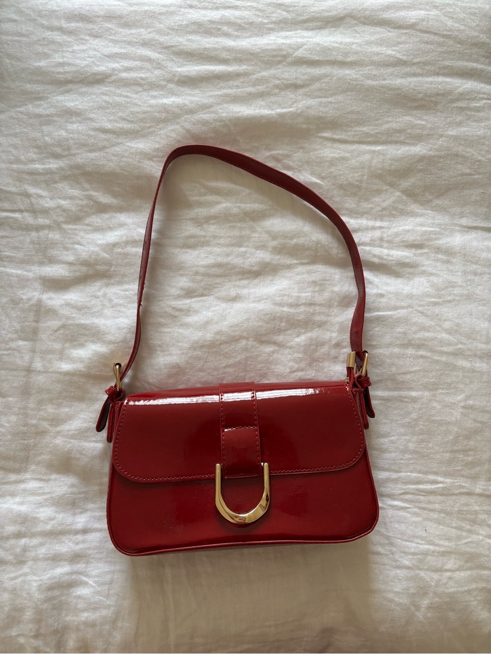 Red Patent Leather Shoulder Bag with Gold Accent. Long Strap included